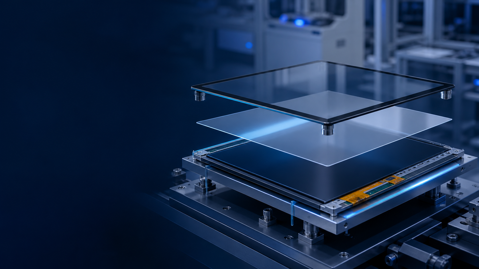 Exploded OCA optical bonding assembly with cover glass, clear adhesive film and LCD module